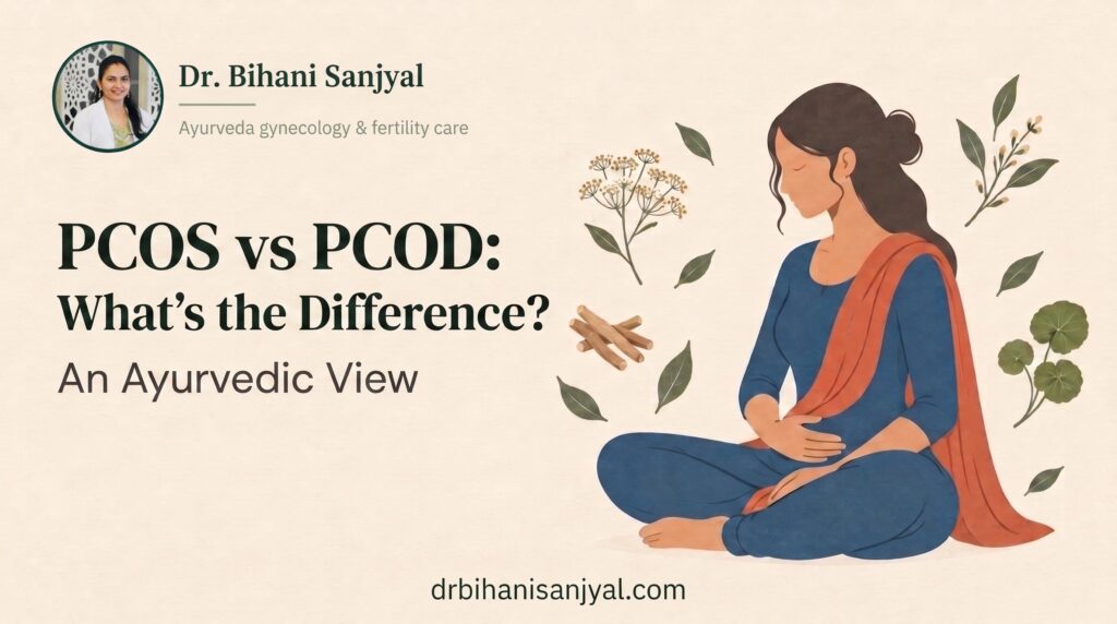 PCOS vs PCOD: What's the Difference? An Ayurvedic View, illustration of ovaries drawn as leaves with Ayurvedic herbs