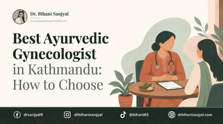 Illustration of an Ayurvedic gynecologist consulting a woman patient, for choosing a gynecologist in Kathmandu