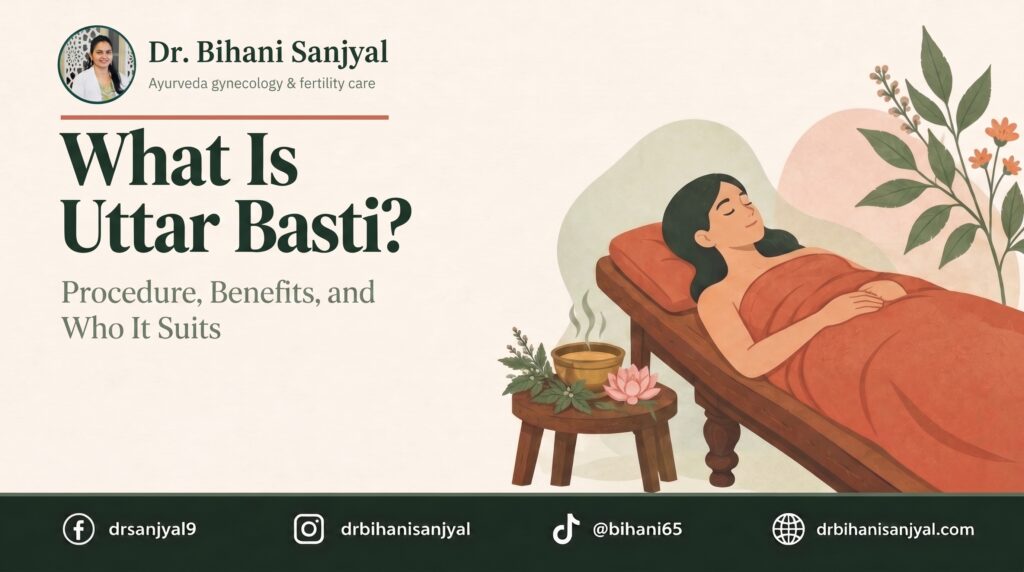 What Is Uttar Basti blog by Dr. Bihani Sanjyal, illustration of a woman resting during Ayurvedic Uttar Basti treatment with a bowl of herbal ghee