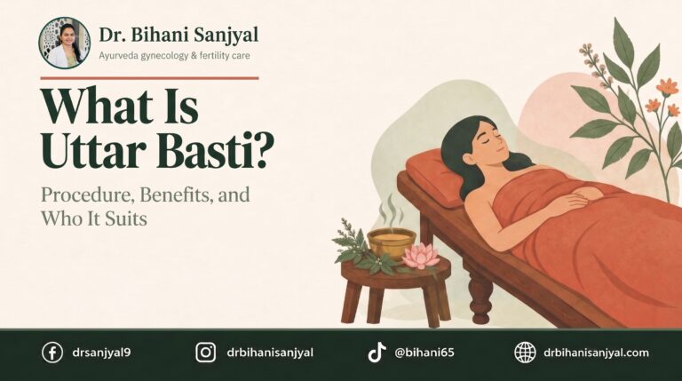 What Is Uttar Basti blog by Dr. Bihani Sanjyal, illustration of a woman resting during Ayurvedic Uttar Basti treatment with a bowl of herbal ghee